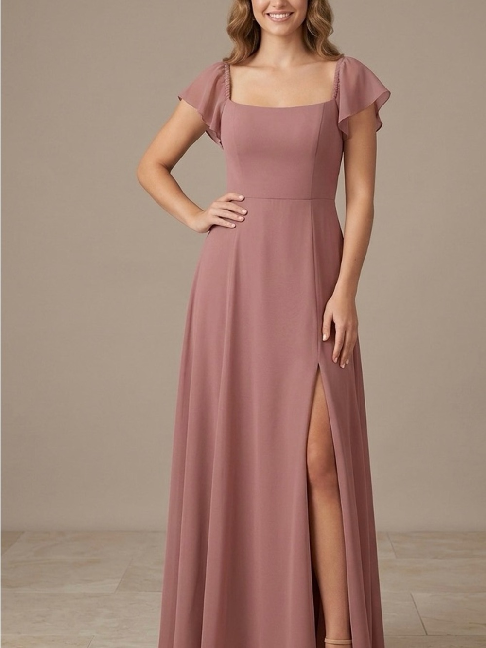 Jenny Yoo Dusty Rose Square-Neck Flutter Sleeve Maxi Dress